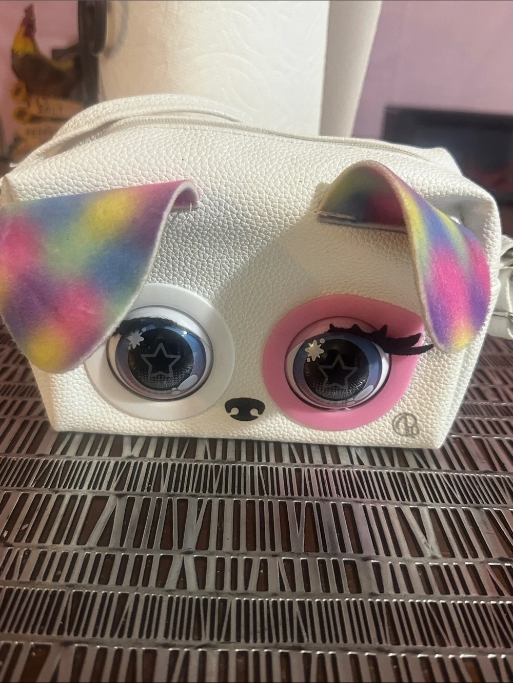 White Puppy Face Crossbody Bag with Rainbow Ears. Inside show the picture. Stain